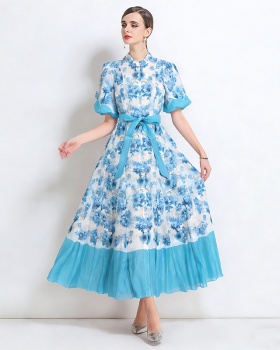 Silk linen retro dress spring printing long dress