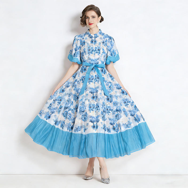 Silk linen retro dress spring printing long dress