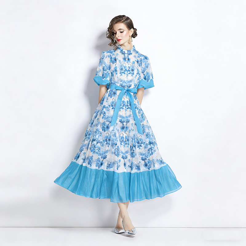 Silk linen retro dress spring printing long dress