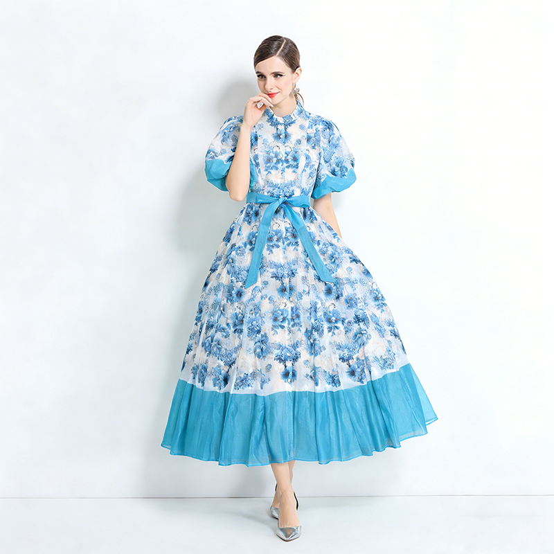 Silk linen retro dress spring printing long dress