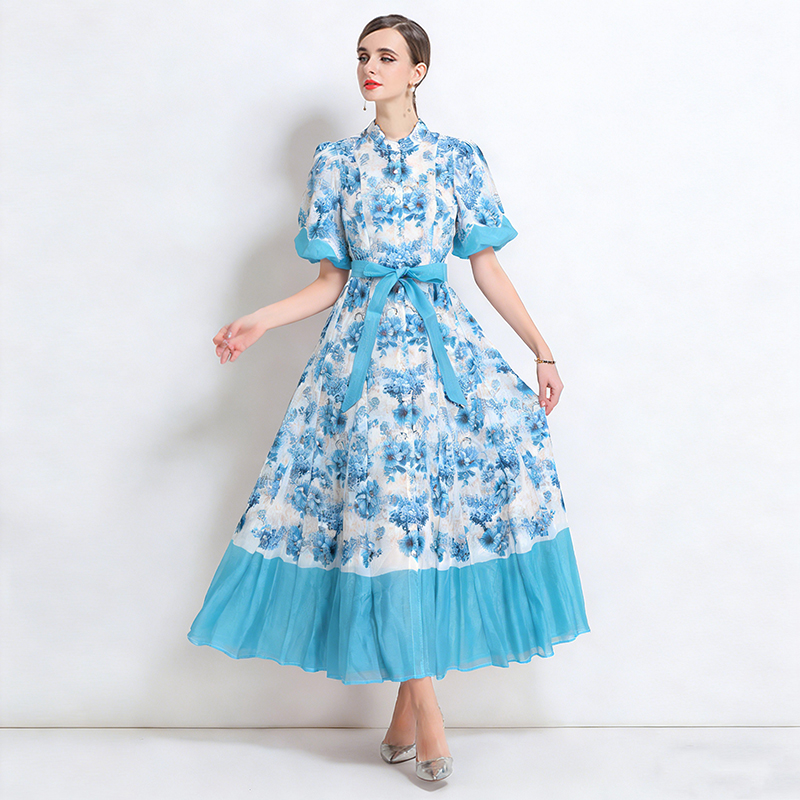 Silk linen retro dress spring printing long dress