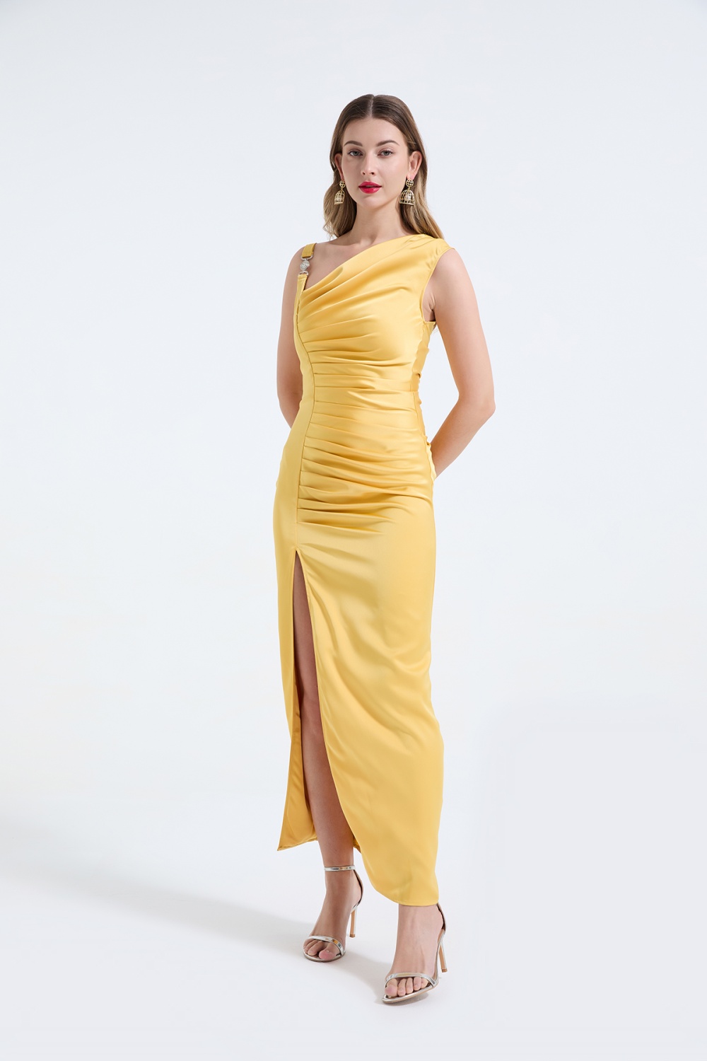 Spring and summer satin conjoined fold clipping dress