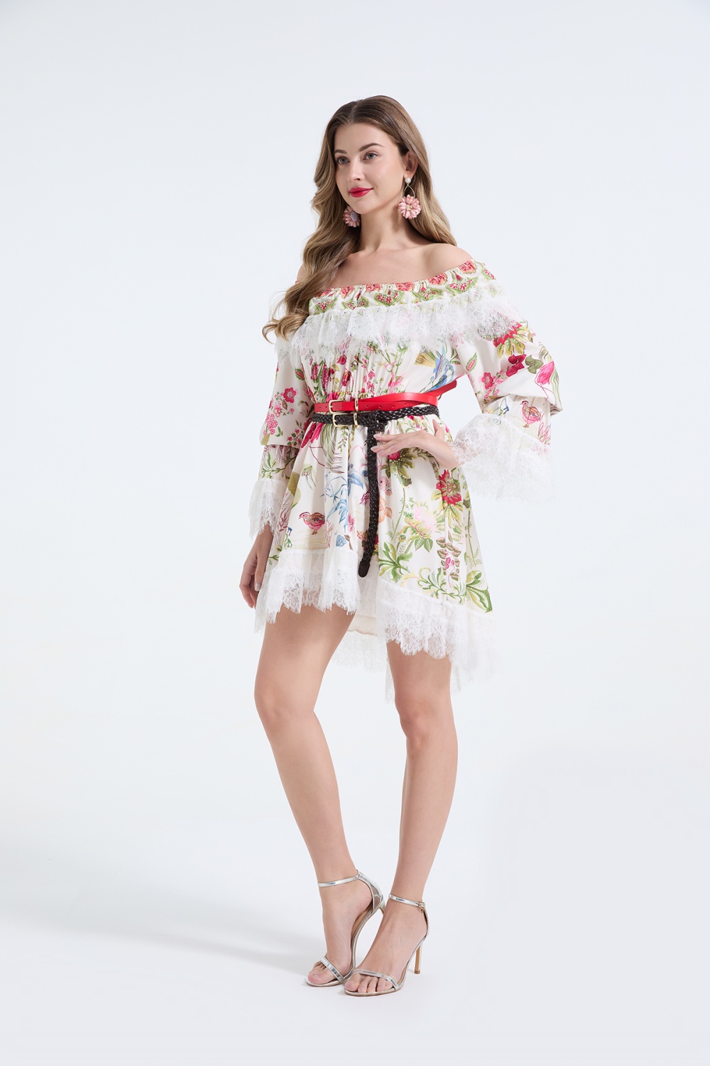 Strapless long and short in front dress lace belt