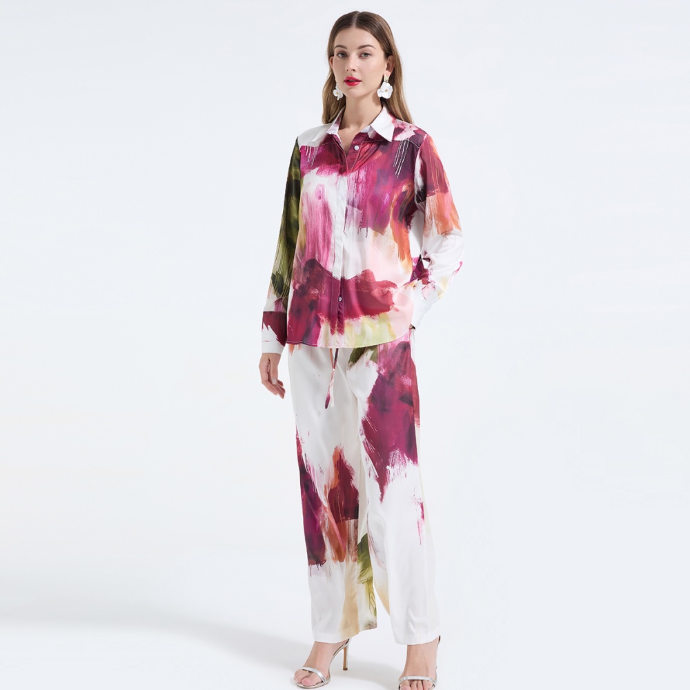 Loose fashion wide leg pants blooming printing shirt 2pcs set