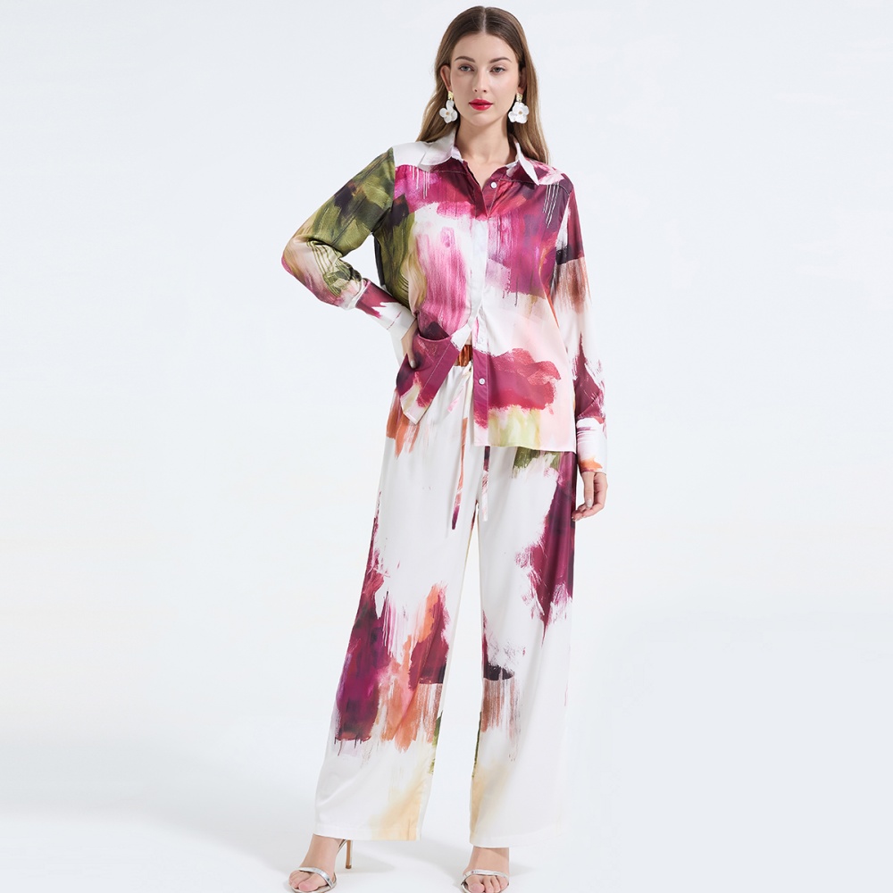 Loose fashion wide leg pants blooming printing shirt 2pcs set
