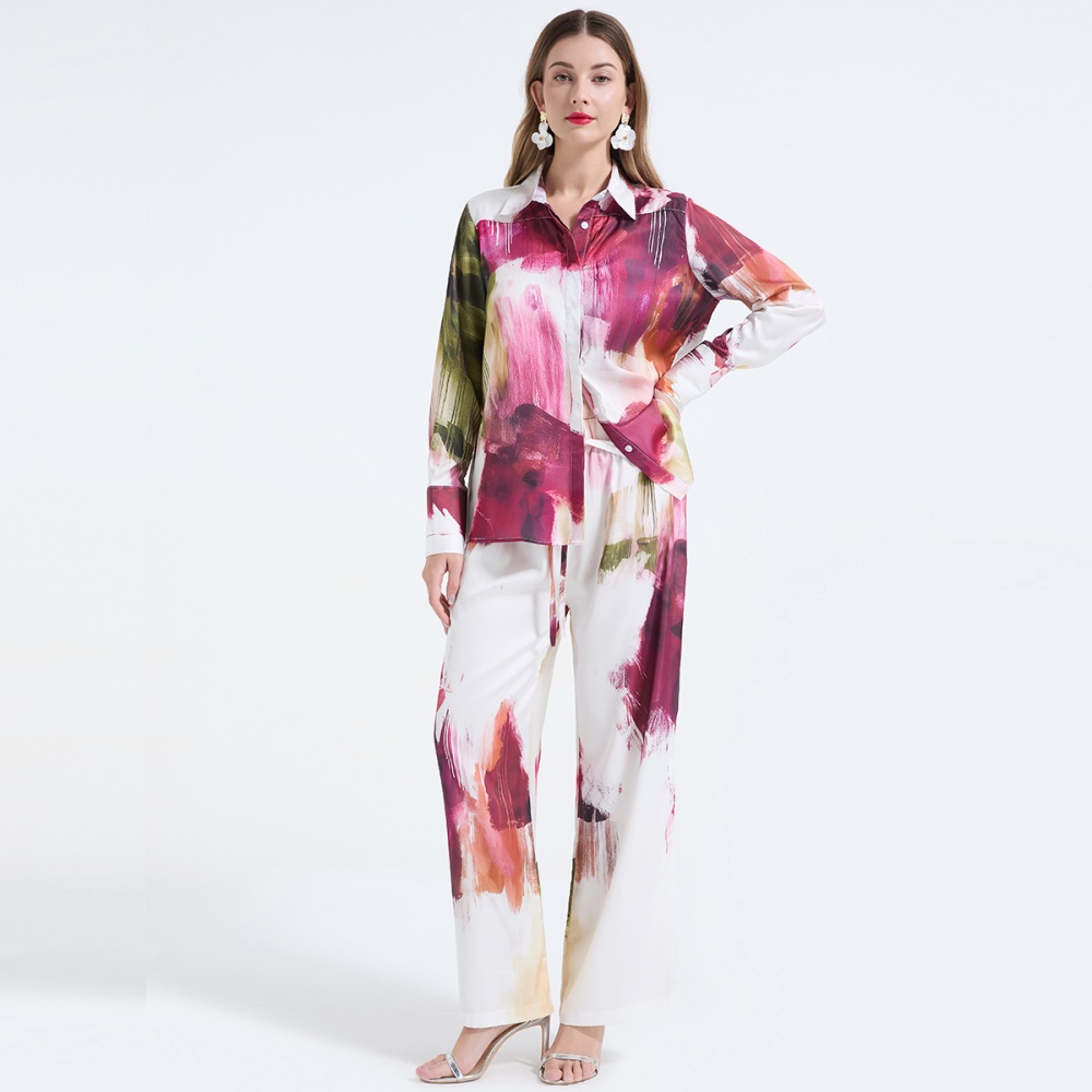 Loose fashion wide leg pants blooming printing shirt 2pcs set