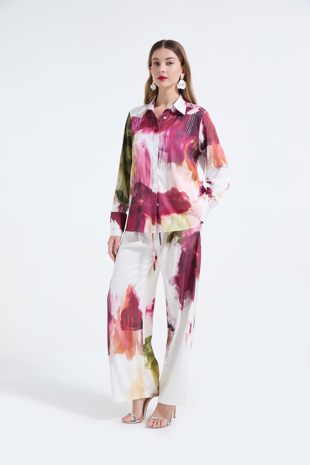 Loose fashion wide leg pants blooming printing shirt 2pcs set