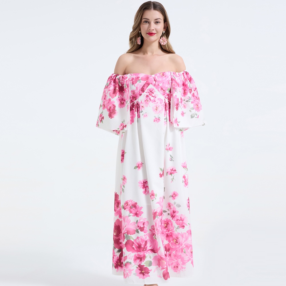 Flowers sling printing long dress slim big skirt sleeve dress