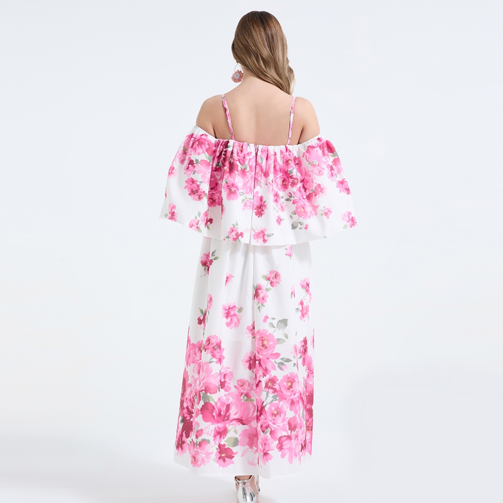 Flowers sling printing long dress slim big skirt sleeve dress
