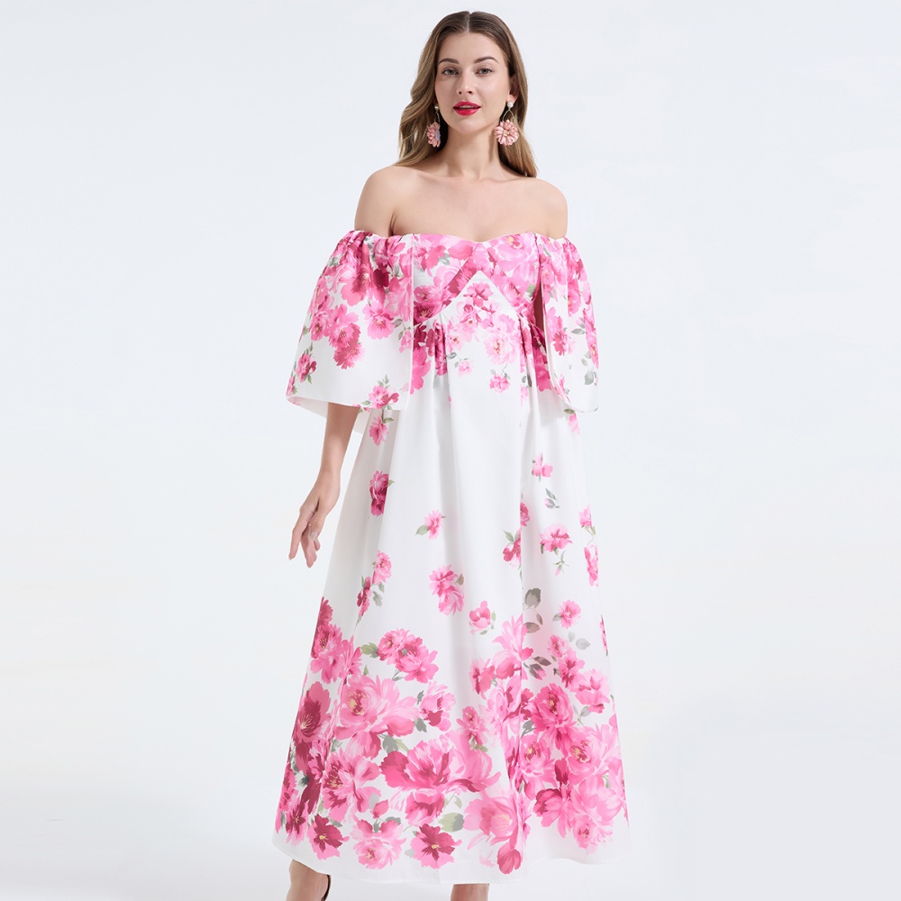 Flowers sling printing long dress slim big skirt sleeve dress