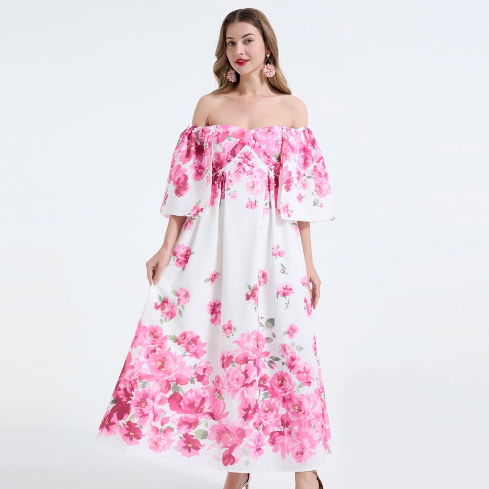 Flowers sling printing long dress slim big skirt sleeve dress