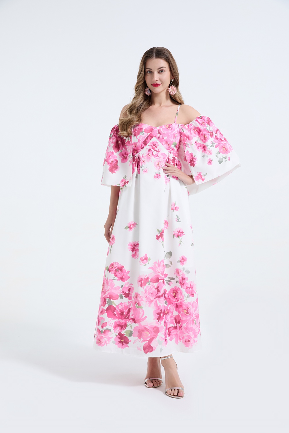 Flowers sling printing long dress slim big skirt sleeve dress