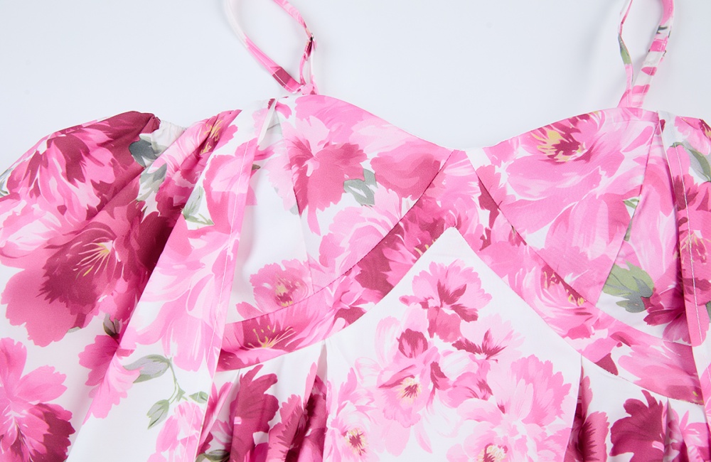 Flowers sling printing long dress slim big skirt sleeve dress