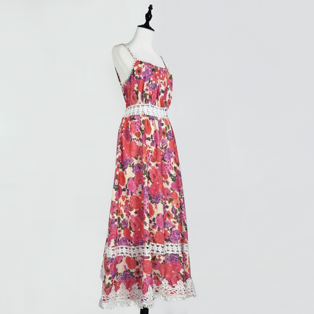 Spring and summer pinched waist long dress hollow dress