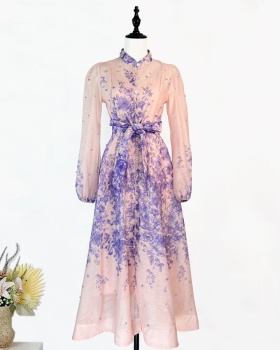 Long cstand collar big skirt long sleeve dress