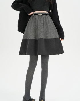 A-line splice retro mixed colors high waist gray skirt