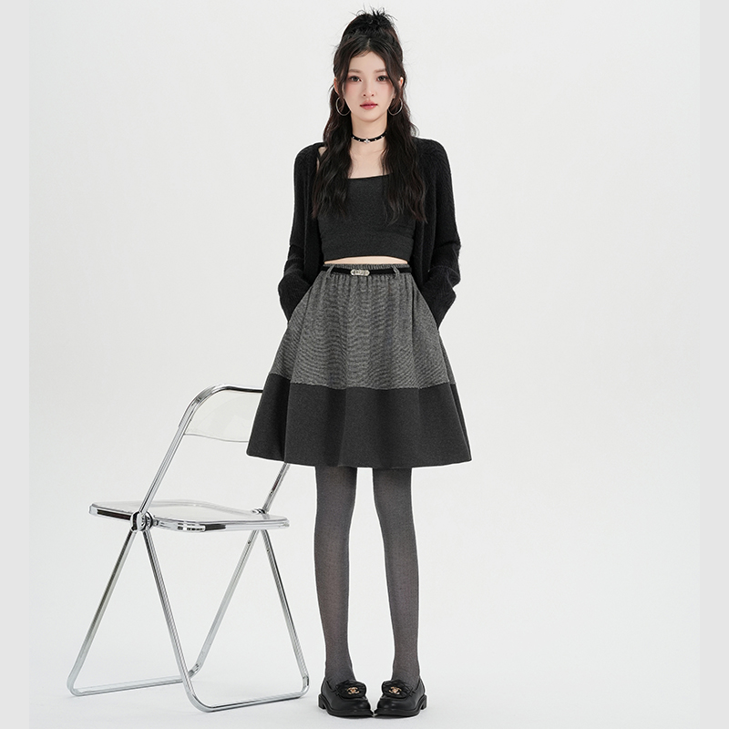 A-line splice retro mixed colors high waist gray skirt