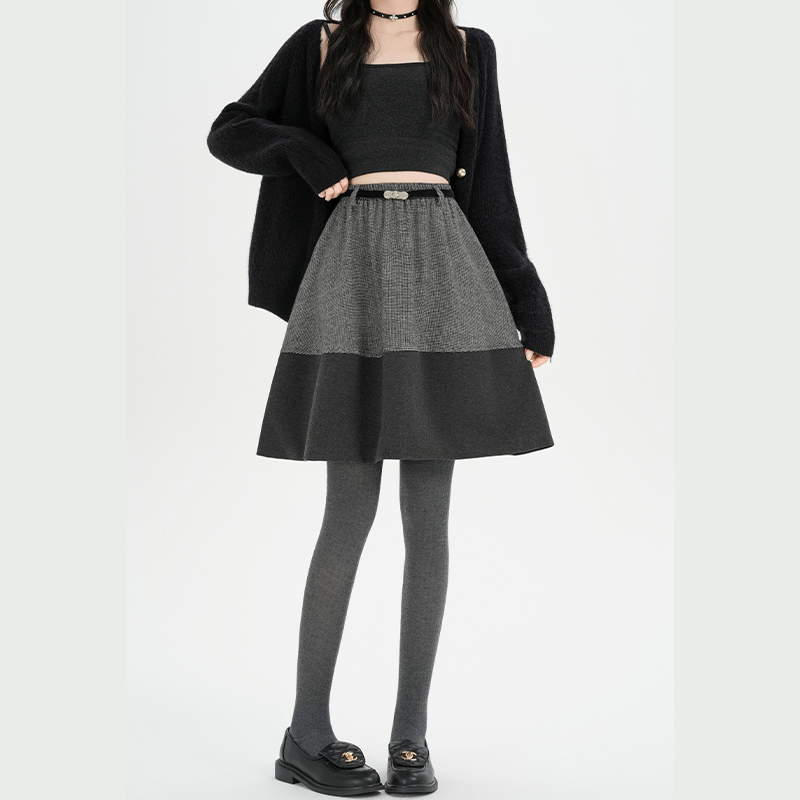 A-line splice retro mixed colors high waist gray skirt