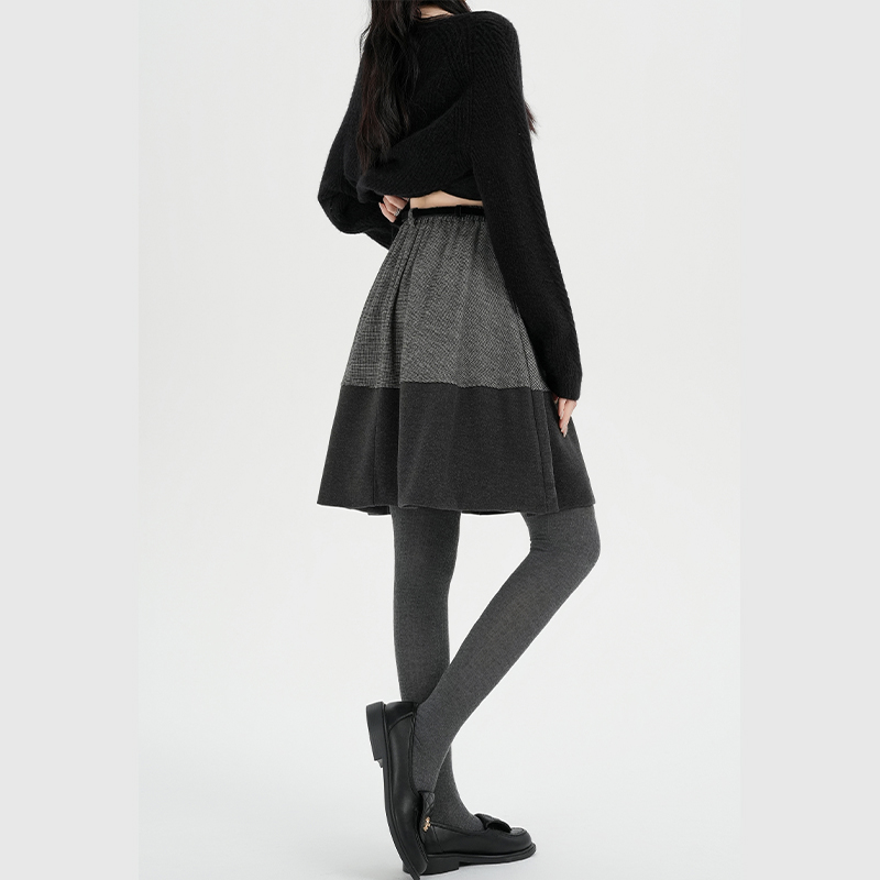 A-line splice retro mixed colors high waist gray skirt