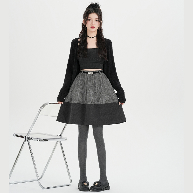 A-line splice retro mixed colors high waist gray skirt