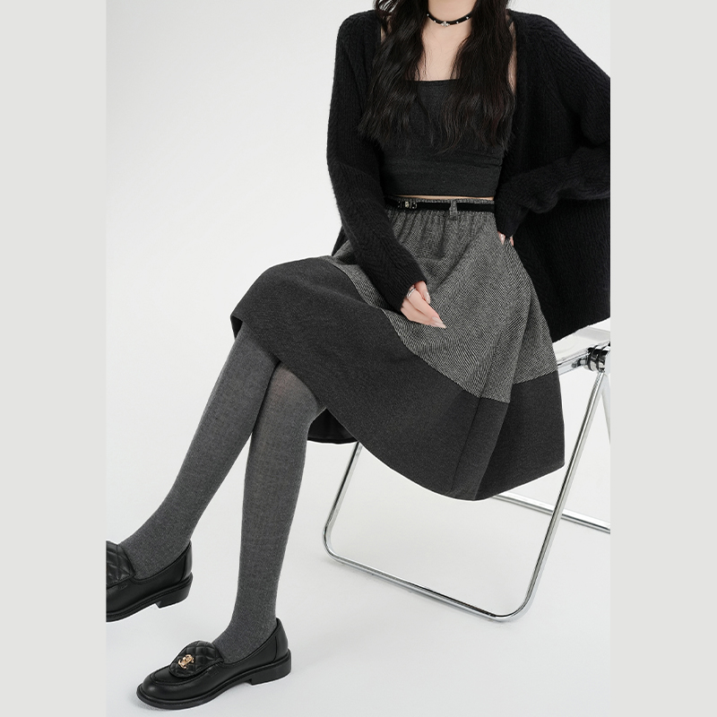 A-line splice retro mixed colors high waist gray skirt