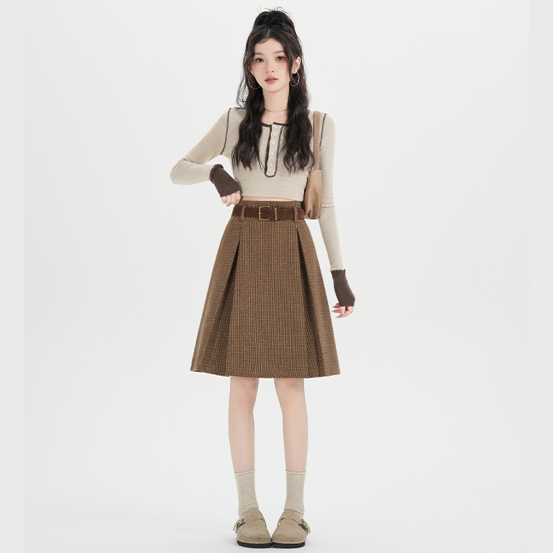 Plaid crimp short skirt package hip high waist skirt