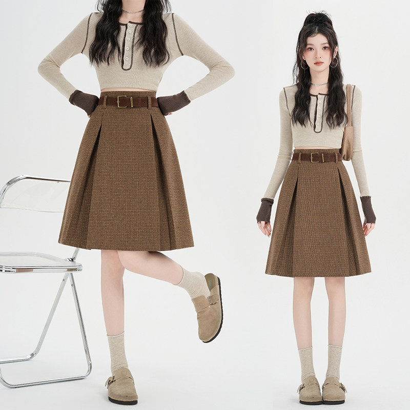 Plaid crimp short skirt package hip high waist skirt