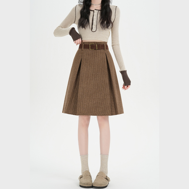 Plaid crimp short skirt package hip high waist skirt