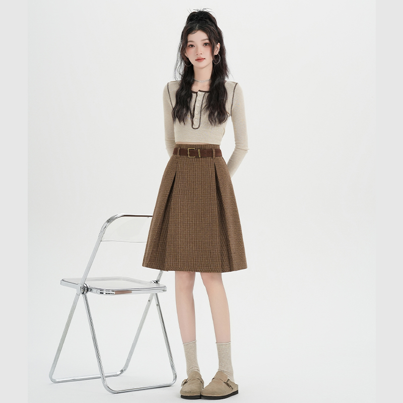 Plaid crimp short skirt package hip high waist skirt