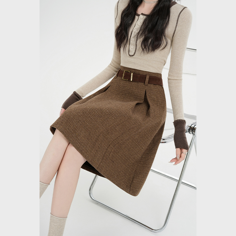 Plaid crimp short skirt package hip high waist skirt