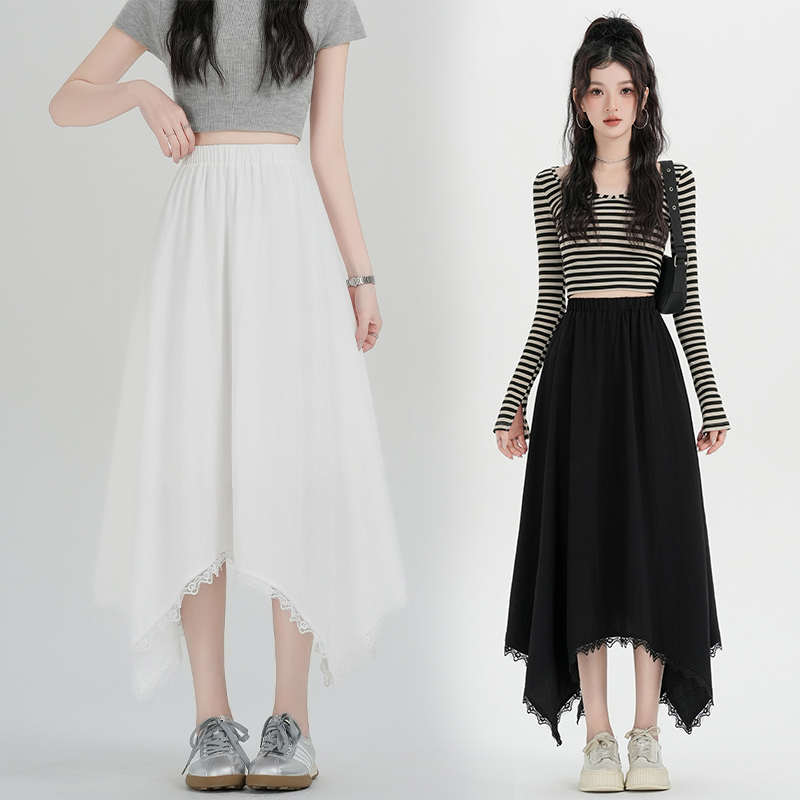 Spring long splice lace irregular drape skirt for women
