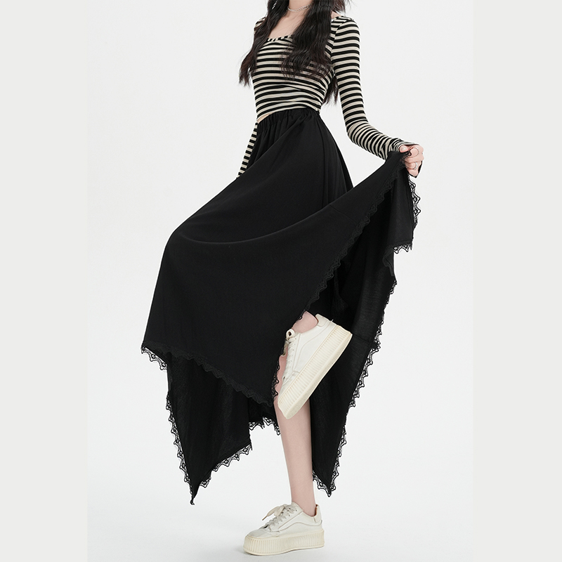 Spring long splice lace irregular drape skirt for women