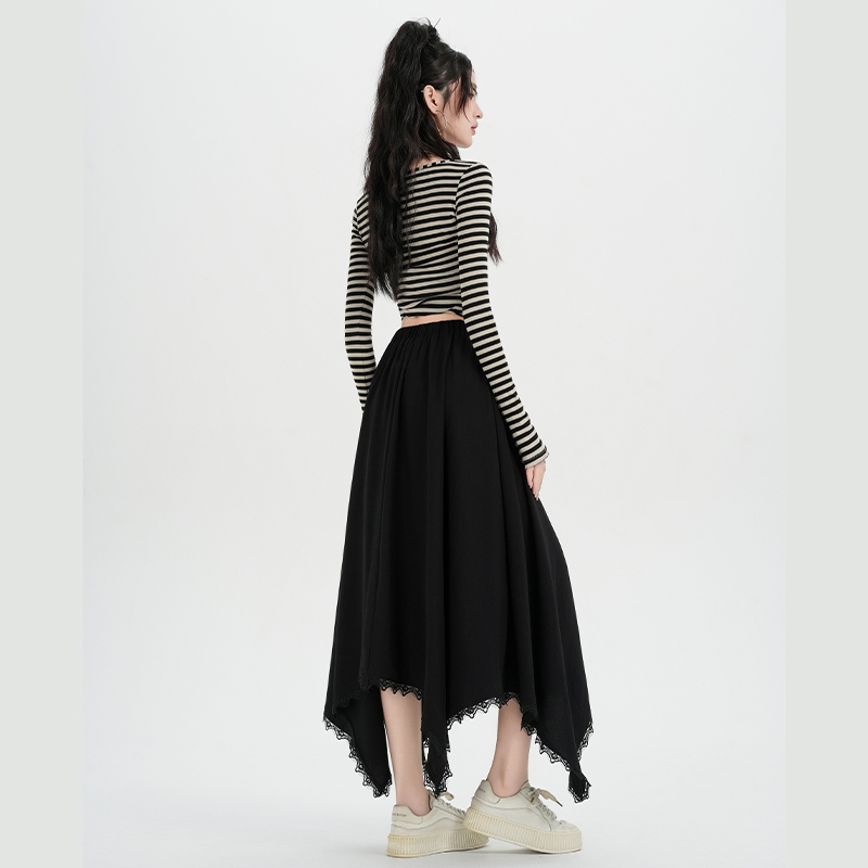 Spring long splice lace irregular drape skirt for women
