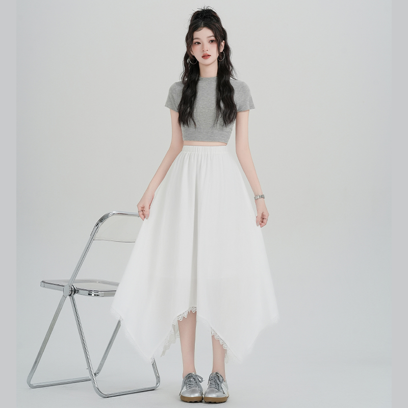 Spring long splice lace irregular drape skirt for women