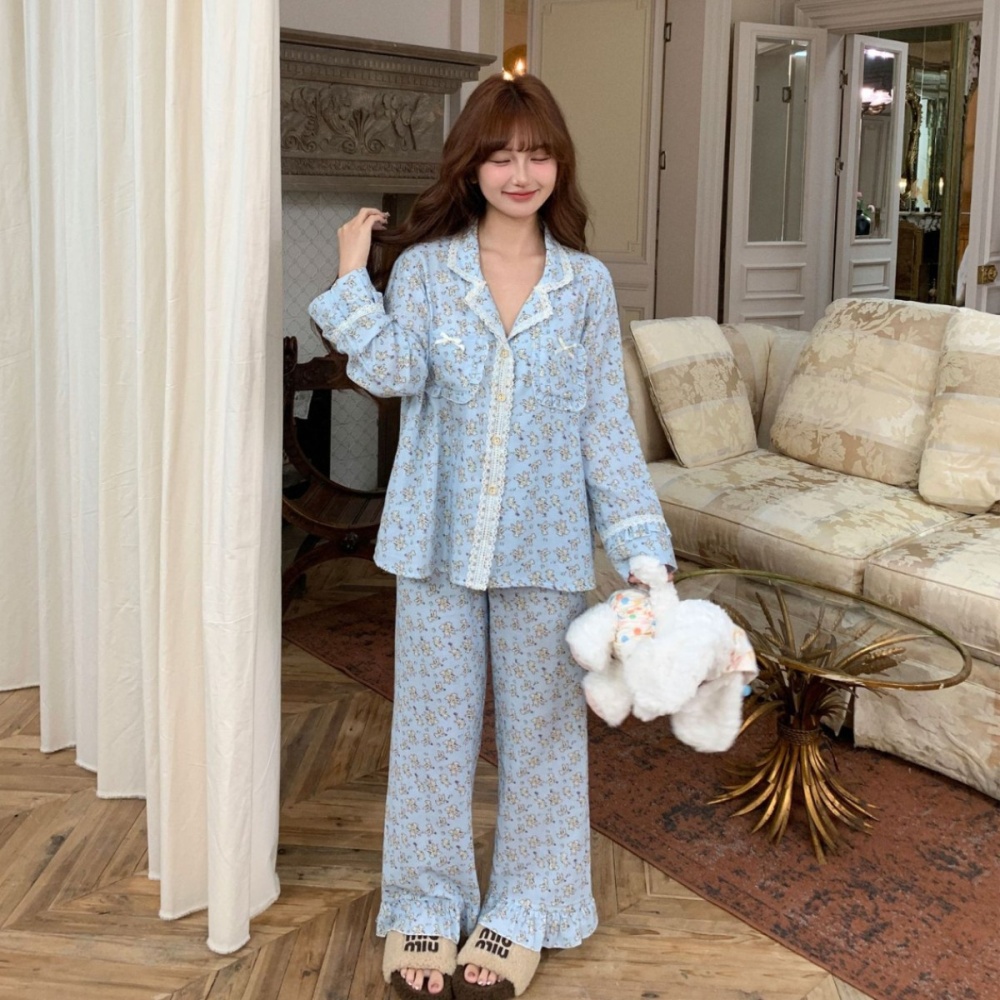 Long sleeve homewear long pants lapel pajamas a set