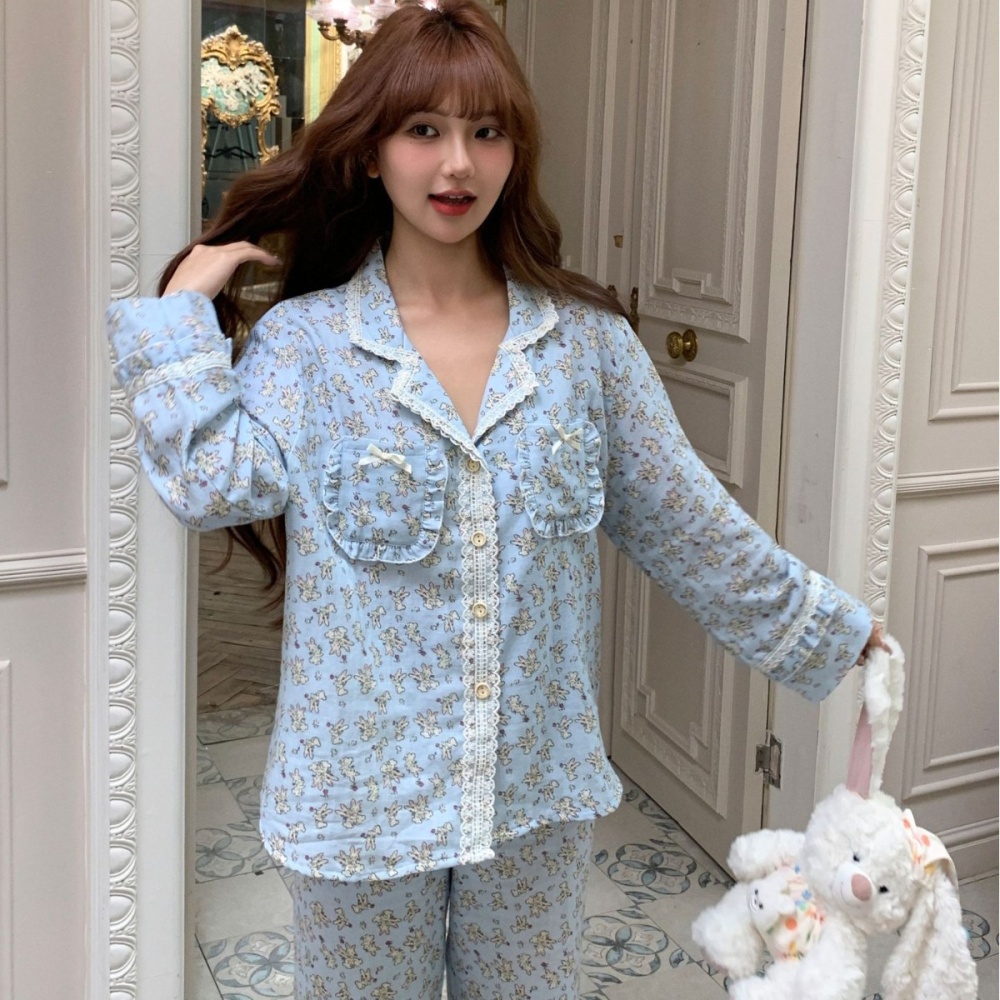 Long sleeve homewear long pants lapel pajamas a set