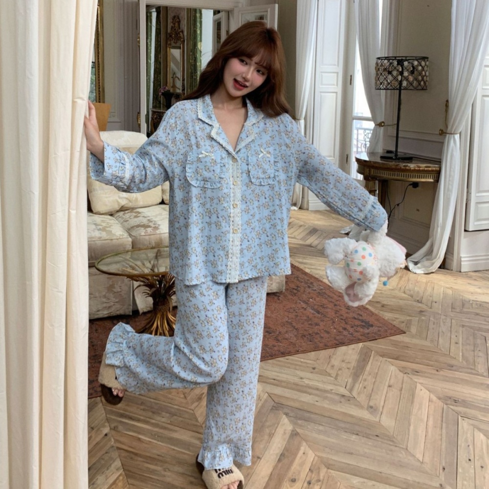 Long sleeve homewear long pants lapel pajamas a set