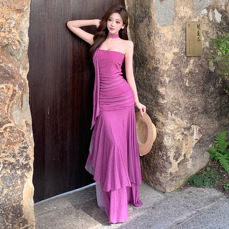 Wrapped chest streamer dress sweet polka dot scarves