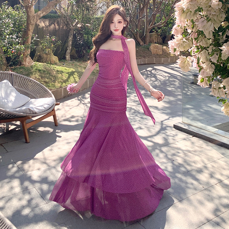 Wrapped chest streamer dress sweet polka dot scarves