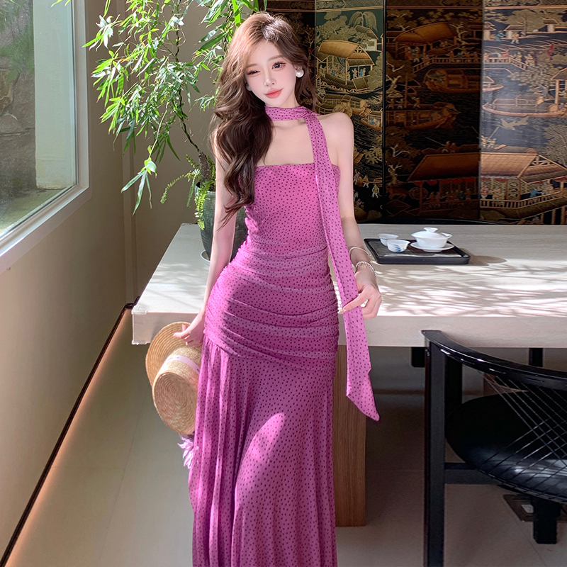 Wrapped chest streamer dress sweet polka dot scarves