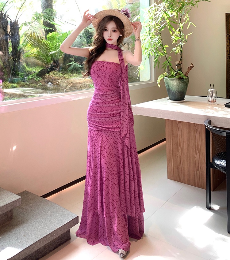 Wrapped chest streamer dress sweet polka dot scarves