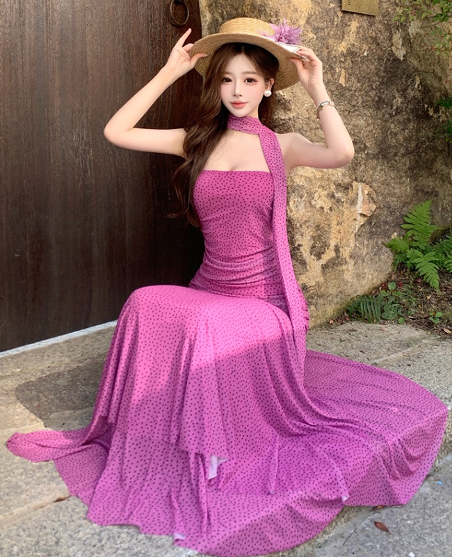 Wrapped chest streamer dress sweet polka dot scarves