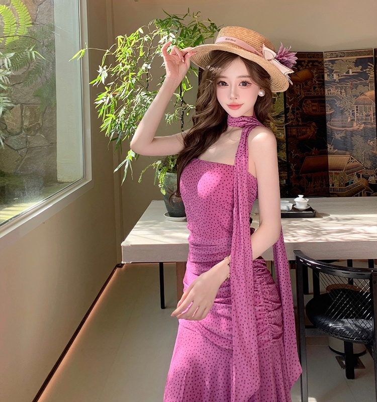 Wrapped chest streamer dress sweet polka dot scarves