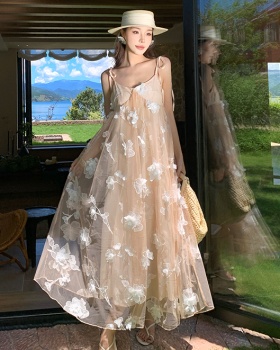 Embroidery vacation long dress champagne lady dress