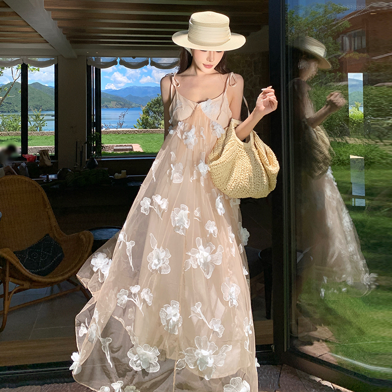 Embroidery vacation long dress champagne lady dress