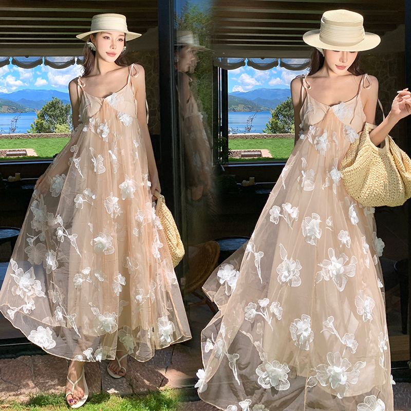 Embroidery vacation long dress champagne lady dress