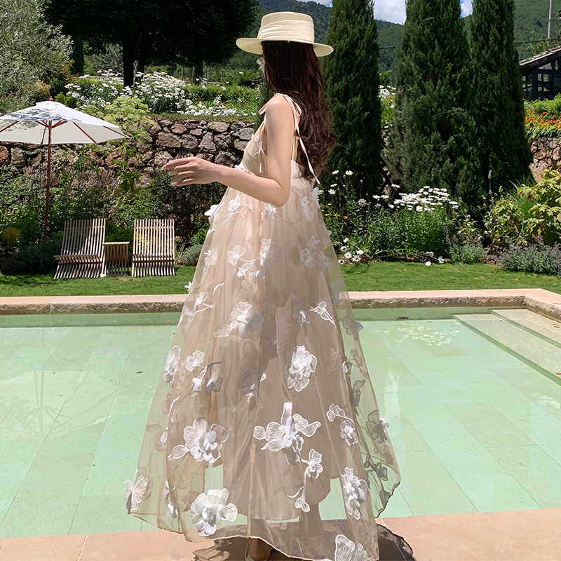 Embroidery vacation long dress champagne lady dress