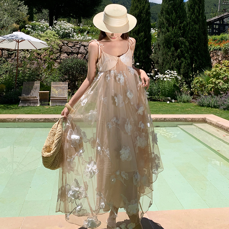 Embroidery vacation long dress champagne lady dress