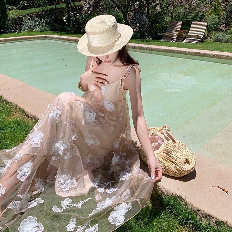 Embroidery vacation long dress champagne lady dress