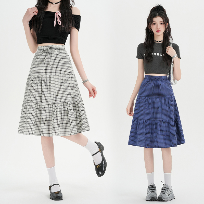 Plaid A-line bow short skirt high waist slim skirt for women